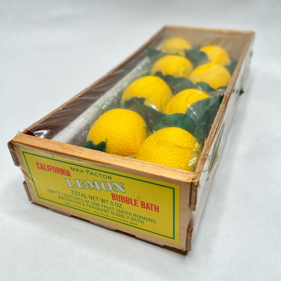Vintage Max Factor Lemon Bubble Bath in Crate - Collectible and New 11” x 4.5” - Picture 2 of 8